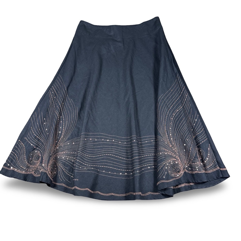 VTG Linen Embroidered Skirt Size 10 Richard Malcolm Black Sequined Peacock Midi